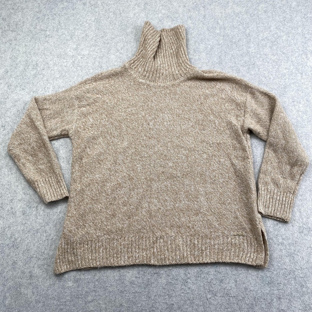 Anne Klein Sweater Womens Medium Beige Turtleneck Knit Pullover Ribbed Logo